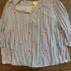 St. John's Bay Blue and White Puff Sleeve Blouse